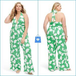 2X - Womens Halter Ginkgo Green Jumpsuit - DVF TGT - Green White